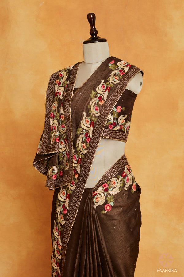 Brown Tussar Silk Embroidered Saree
