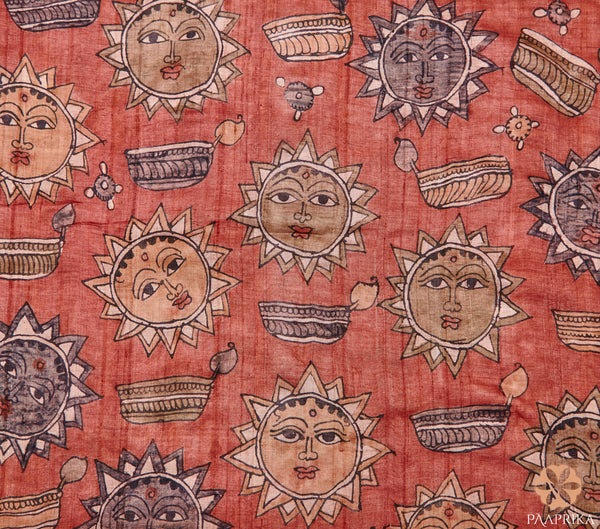 Pen Kalamkari Red Tussar Silk Blouse Fabric With Sun And Diya