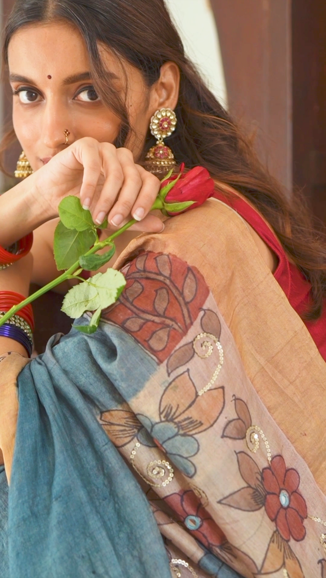 Matching Floral Kalamkari Design on Blouse - Cohesive and Elegant Ensemble.