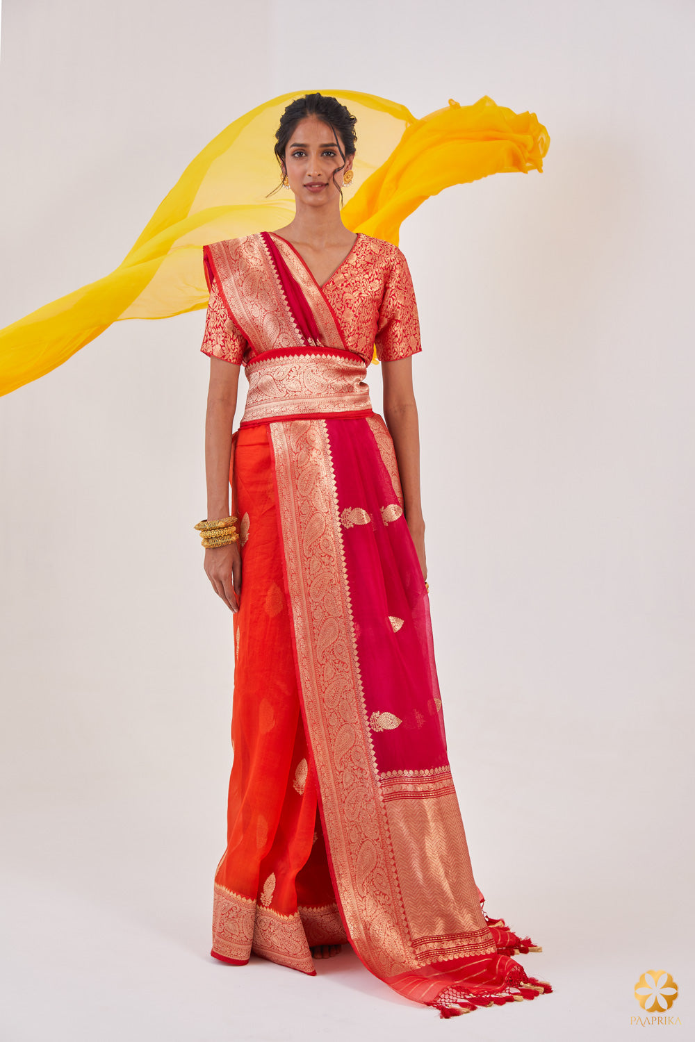 Mesmerizing Orange to Red Banarasi Ombre Organza Saree - Enchanting Beauty Unveiled.