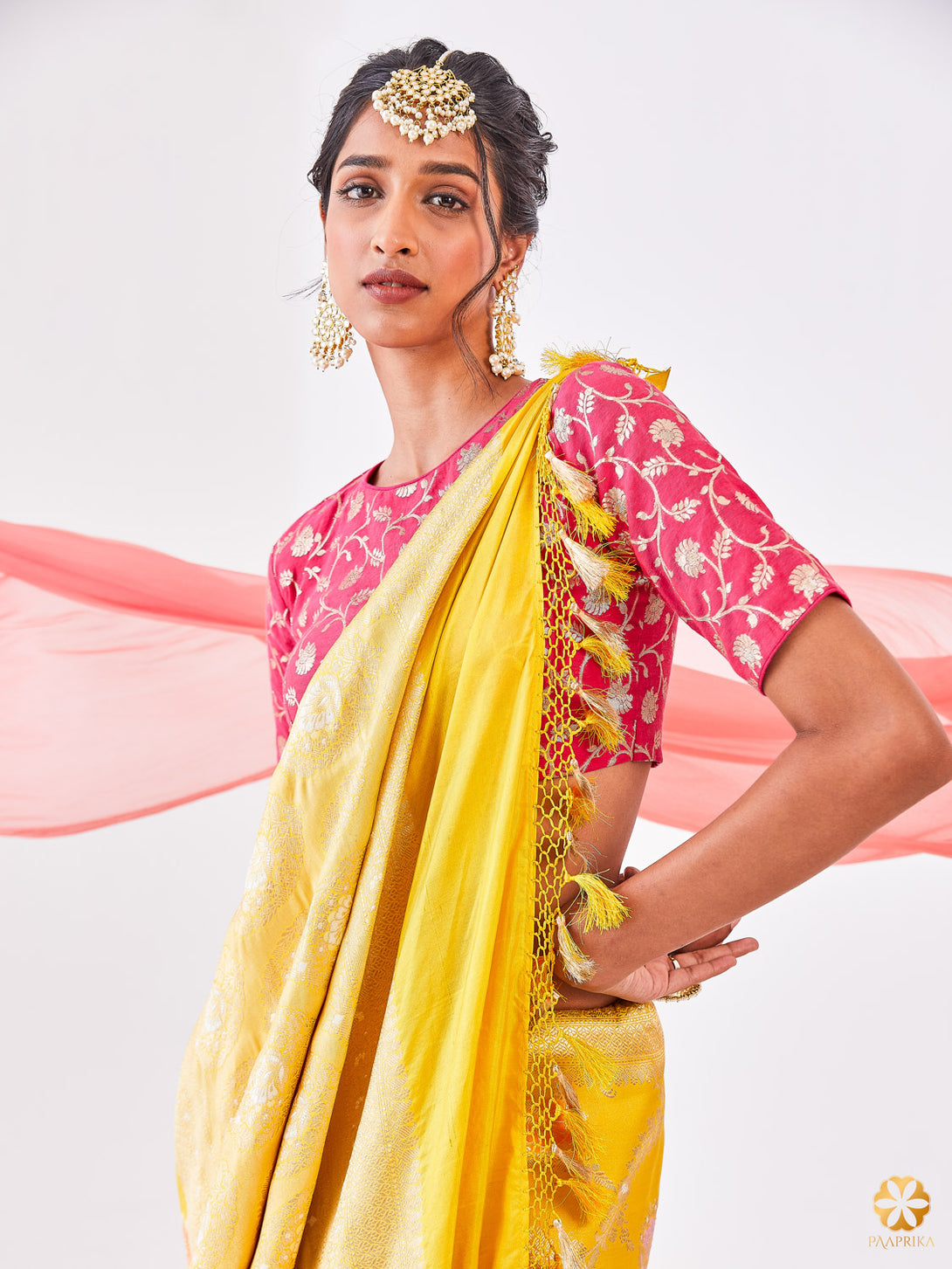 Beautiful Drape of Luxurious Pastel Yellow Banarasi Saree - Timeless Beauty and Elegance.