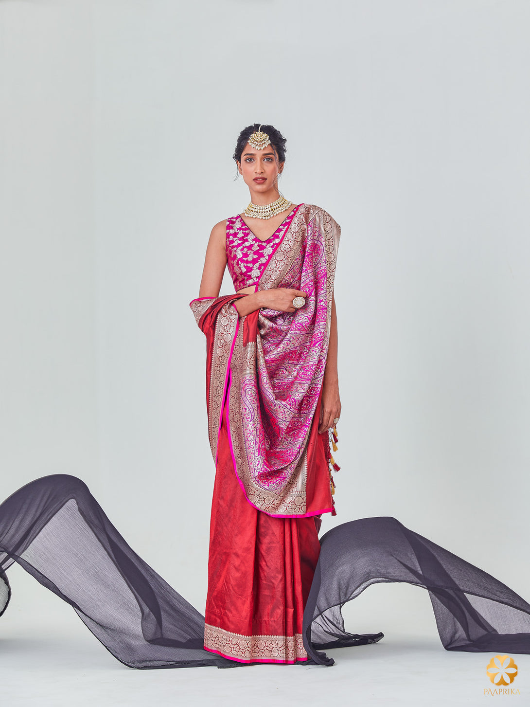 Stylish Woman Wearing Exquisite Maroon Jamawar Banarasi Saree - Regal and Enchanting