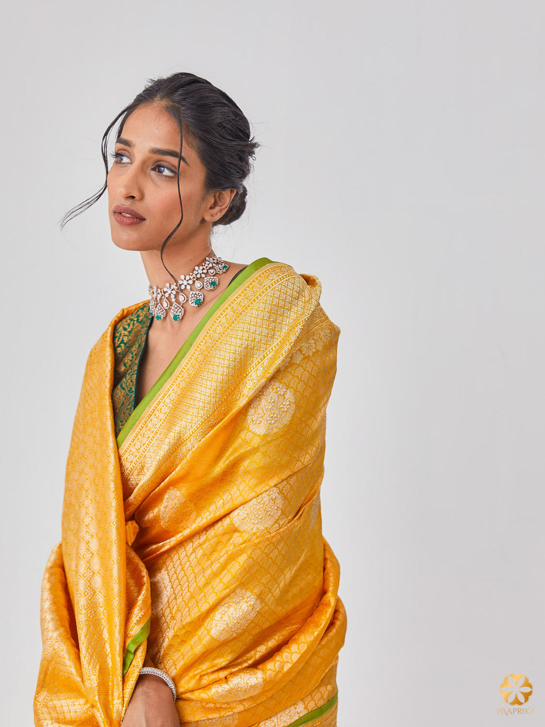 Beautiful Drape of Luxurious Sandal Yellow Banarasi Saree - Timeless Beauty and Grace.