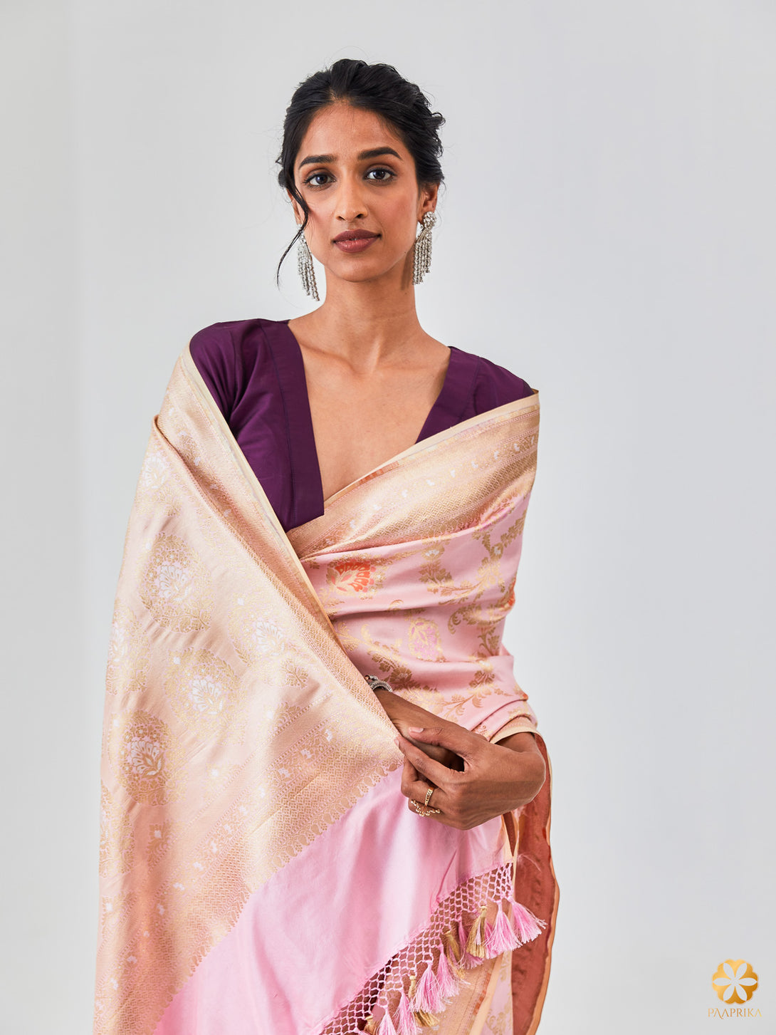 Beautiful Drape of Enchanting Pastel Rose Banarasi Saree - Sophistication and Delicacy Personified.
