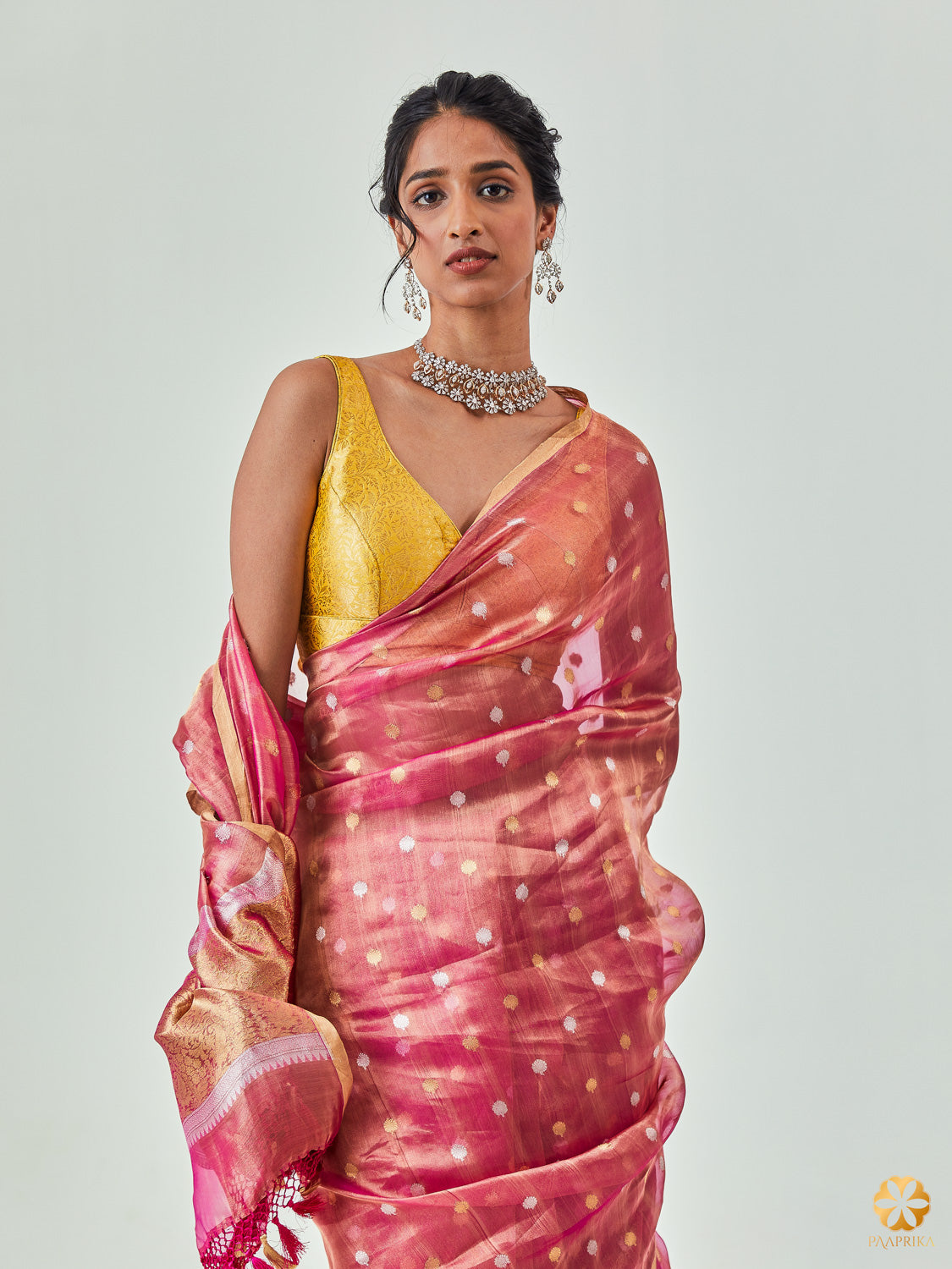 Elegant Blush Pink Handwoven Tissue Saree - Artistic Butis Adorning th 