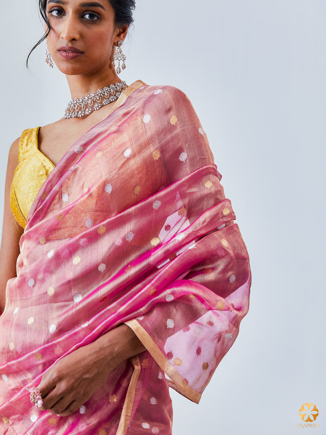 Close-up of Artistic Butis in Beautiful Patterns - Blush Pink Handwoven Tissue Saree.