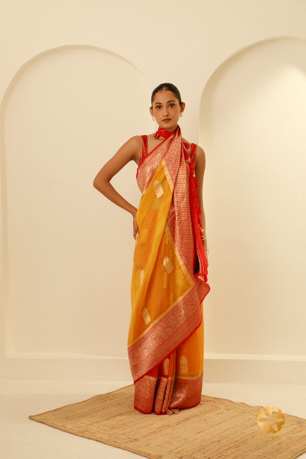 Ombre-Dyed Handwoven Kora Organza Saree in Yellow to Red Gradient