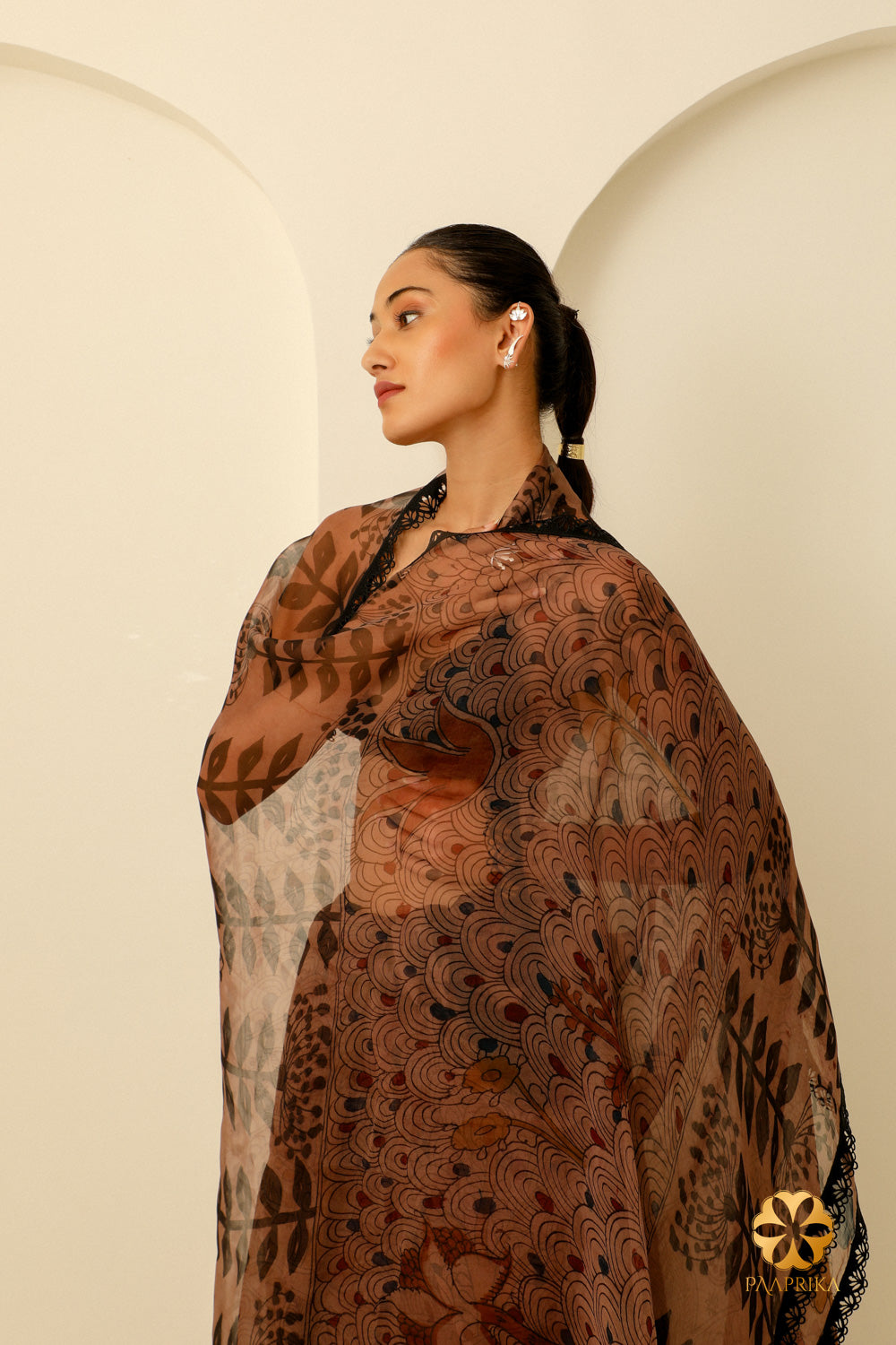 Contemporary Chocolate Brown Organza Saree with Natural Kalamkari Motifs - A Fusion of Style and Sustainability