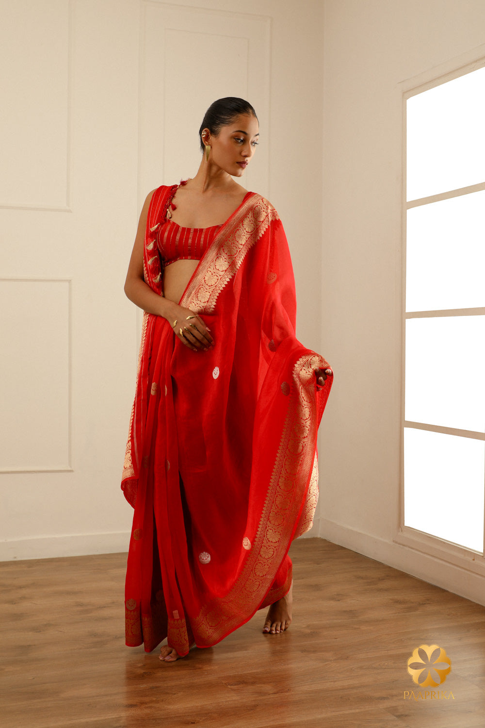 The saree paired with a contrasting blouse, creating a harmonious and fashionable ensemble.