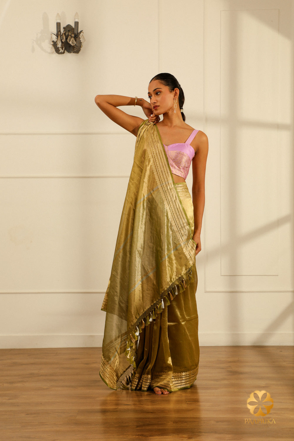 High-quality Tissue Fabric in Olive Green Saree