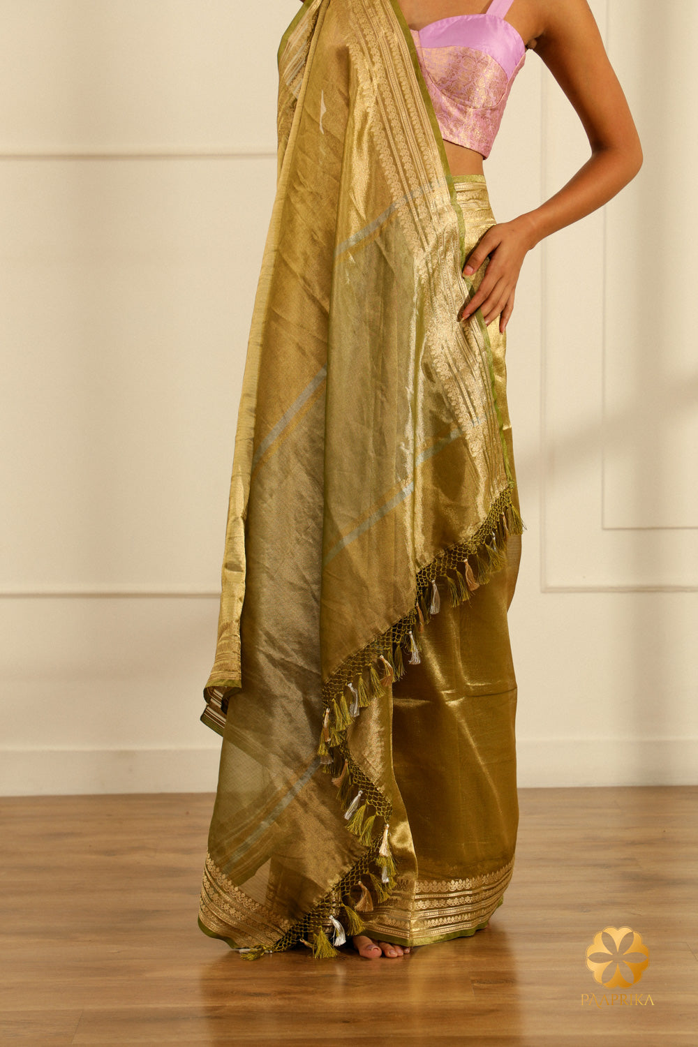 Close-up of Exquisite Floral-Detailed Border on Olive Green Saree