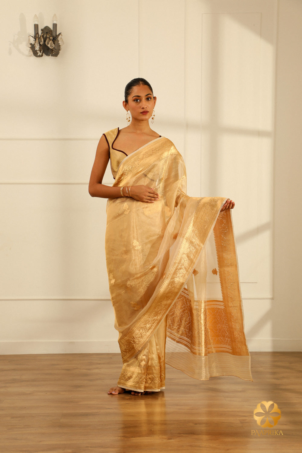 High-quality Kora Organza fabric drapes gracefully on Golden Saree.