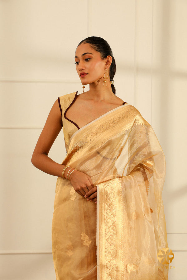 Radiant Golden Banarasi Kora Organza Saree for a regal look.