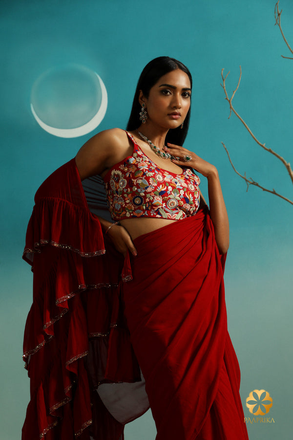 Dark Red Georgette  Predraped Saree with Multicolor Thread Embroidery