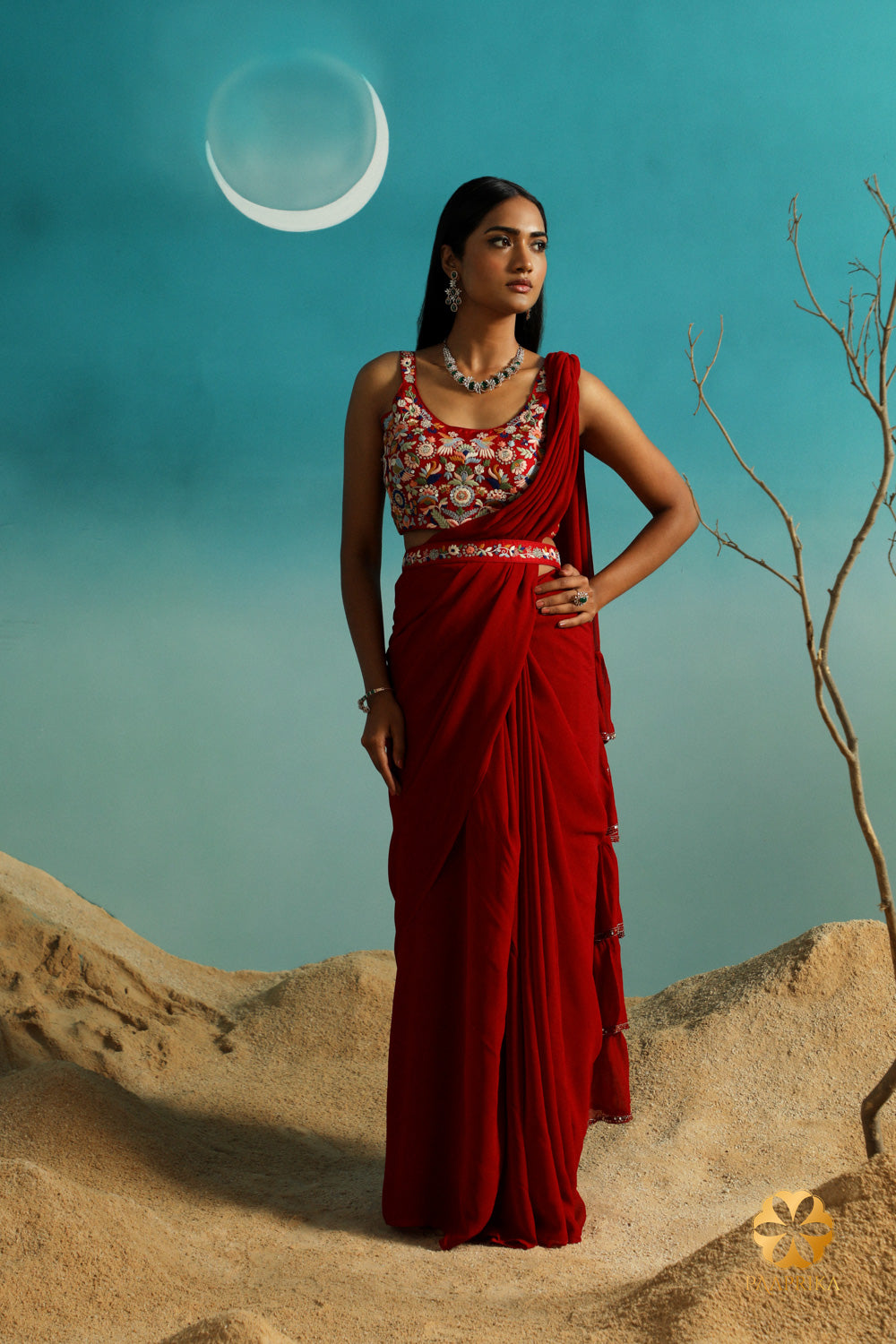 Dark Red Georgette  Predraped Saree with Multicolor Thread Embroidery