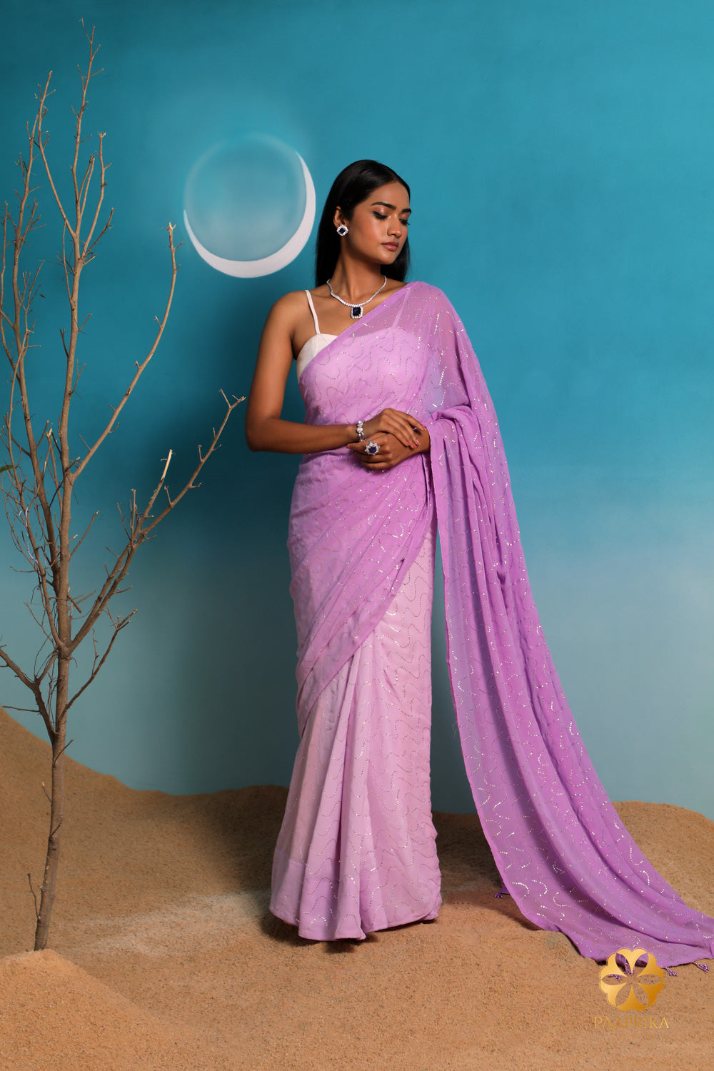 Lavender ombre georgette saree with waves design and mukaish embroidery - Shop now for a stylish look