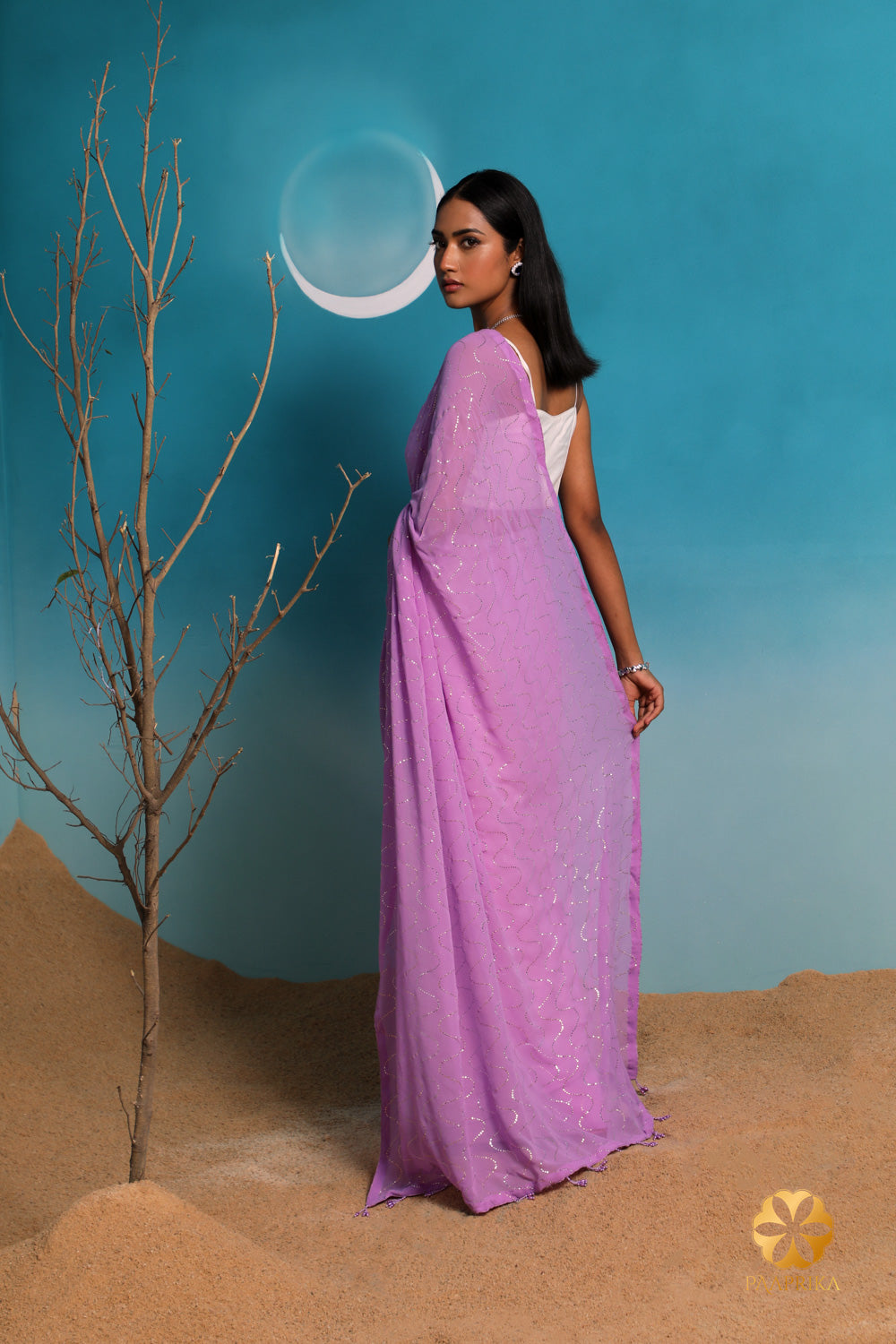 Stunning georgette saree in lavender ombre with waves design and shimmering mukaish embroidery - Get yours today!