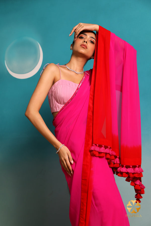 Vibrant Hot Pink and Red Ombre Georgette Saree - Hand Embroidered Sequins and Playful Tassels for a Dazzling Look
