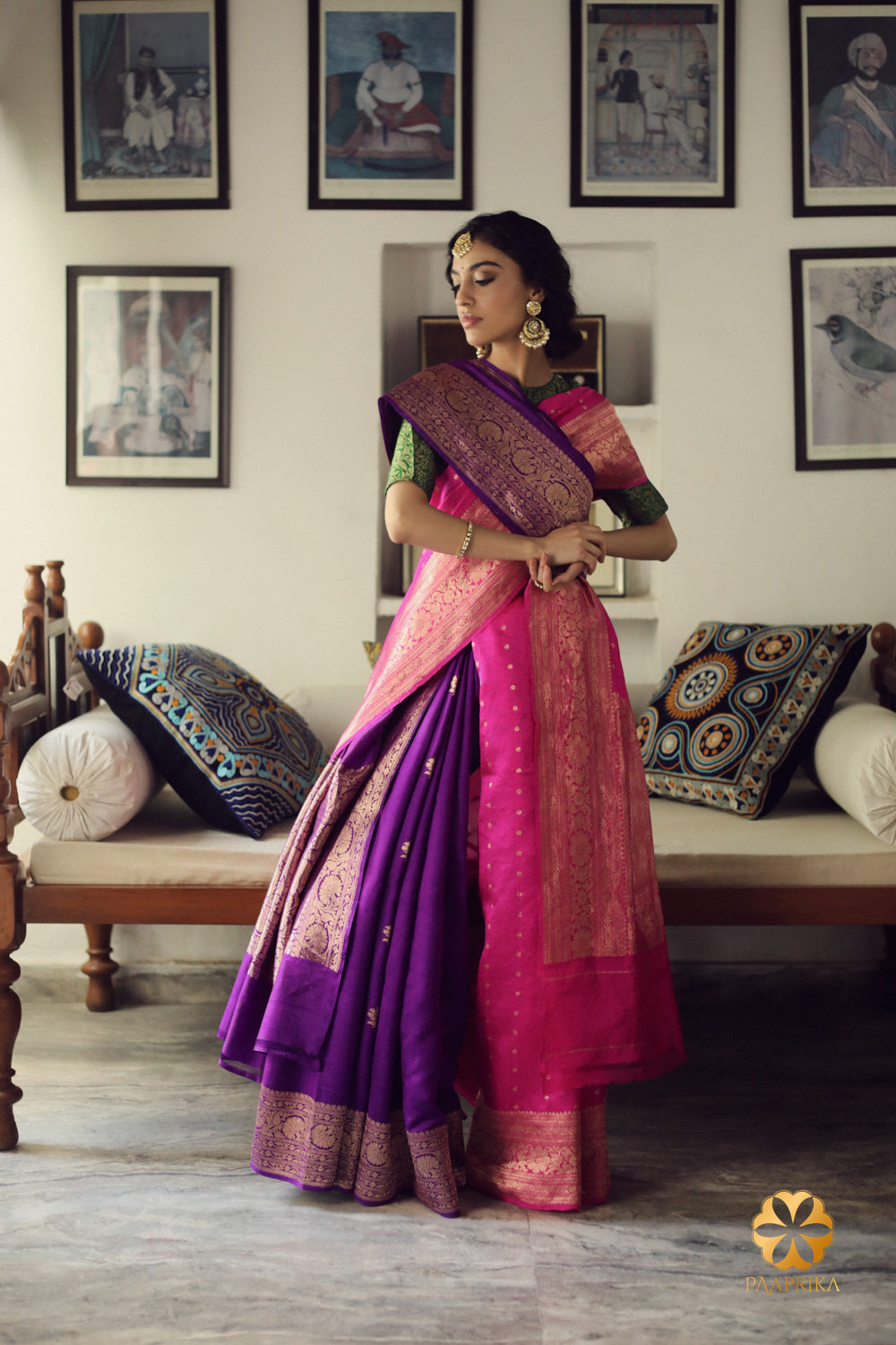 Regal Purple Handwoven Spun Silk Saree with Intricate Gold Border, embodying timeless elegance in every thread.