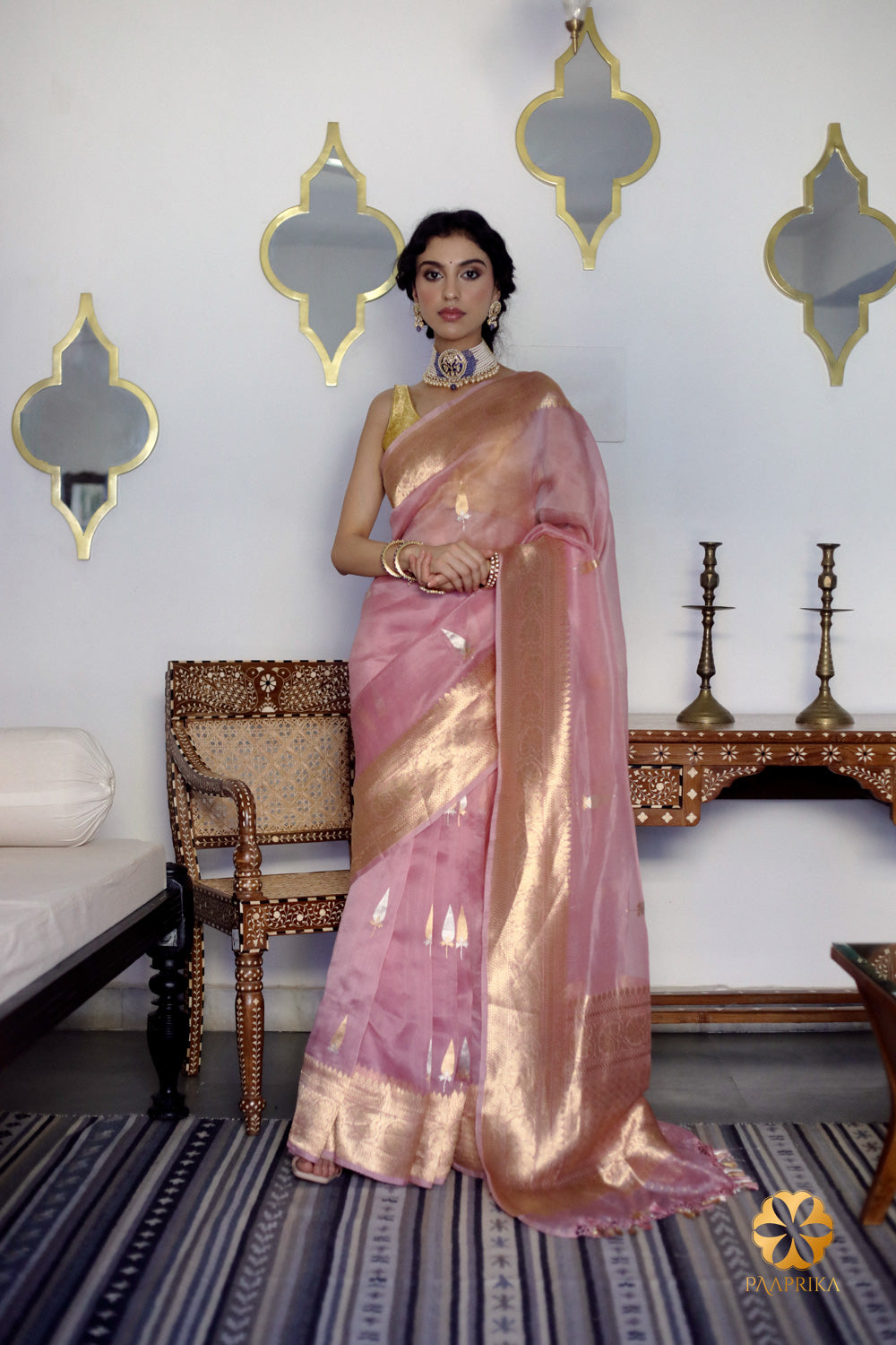 Pastel Onion Pink Banarasi Organza Saree, a delicate handwoven elegance in a soothing pastel shade.