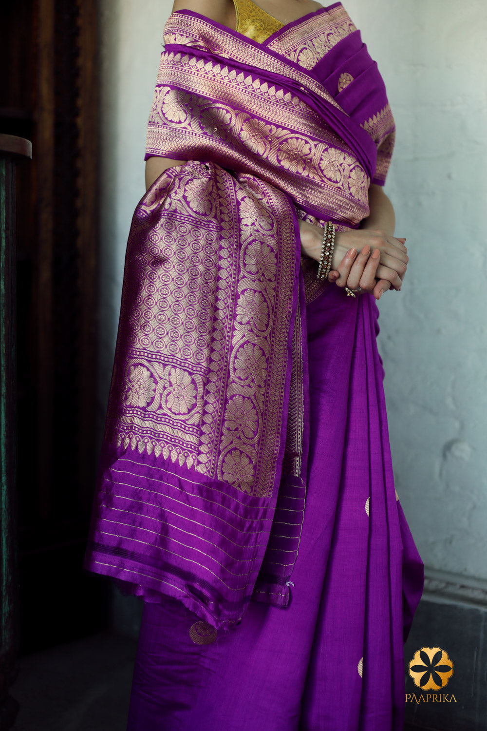 Mesmerizing violet pure silk saree adorned with delicate chand buta weaving, a timeless treasure for your wardrobe.