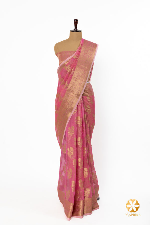 Coral  Pink and Gold Cotton Silk Saree