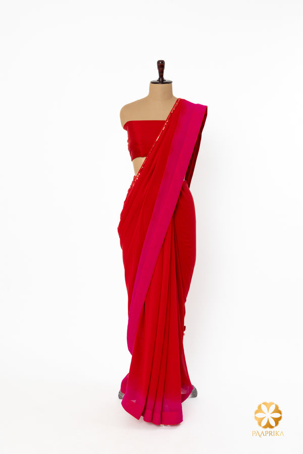 Red and Hot Pink Ombre Georgette Saree - Hand Embroidered Sequins and Playful Tassels for a Dazzling Look