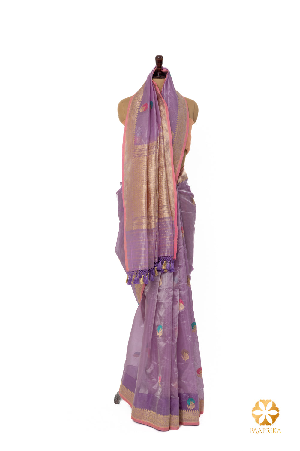Elegant lavender Banarasi saree with contemporary handwoven mango motifs.