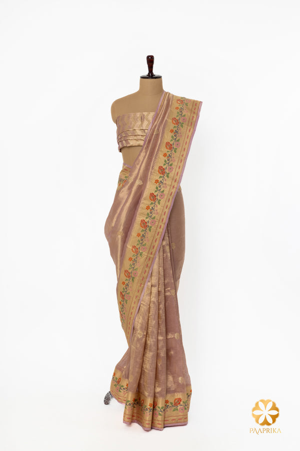 Contemporary Rose Lavender Handwoven Tissue Saree with Multicolor Floral Border Accents