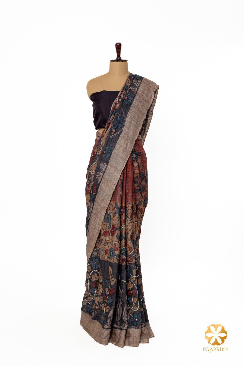 A full view of the Tussar Silk Saree, draped elegantly, to capture its overall design and craftsmanship.