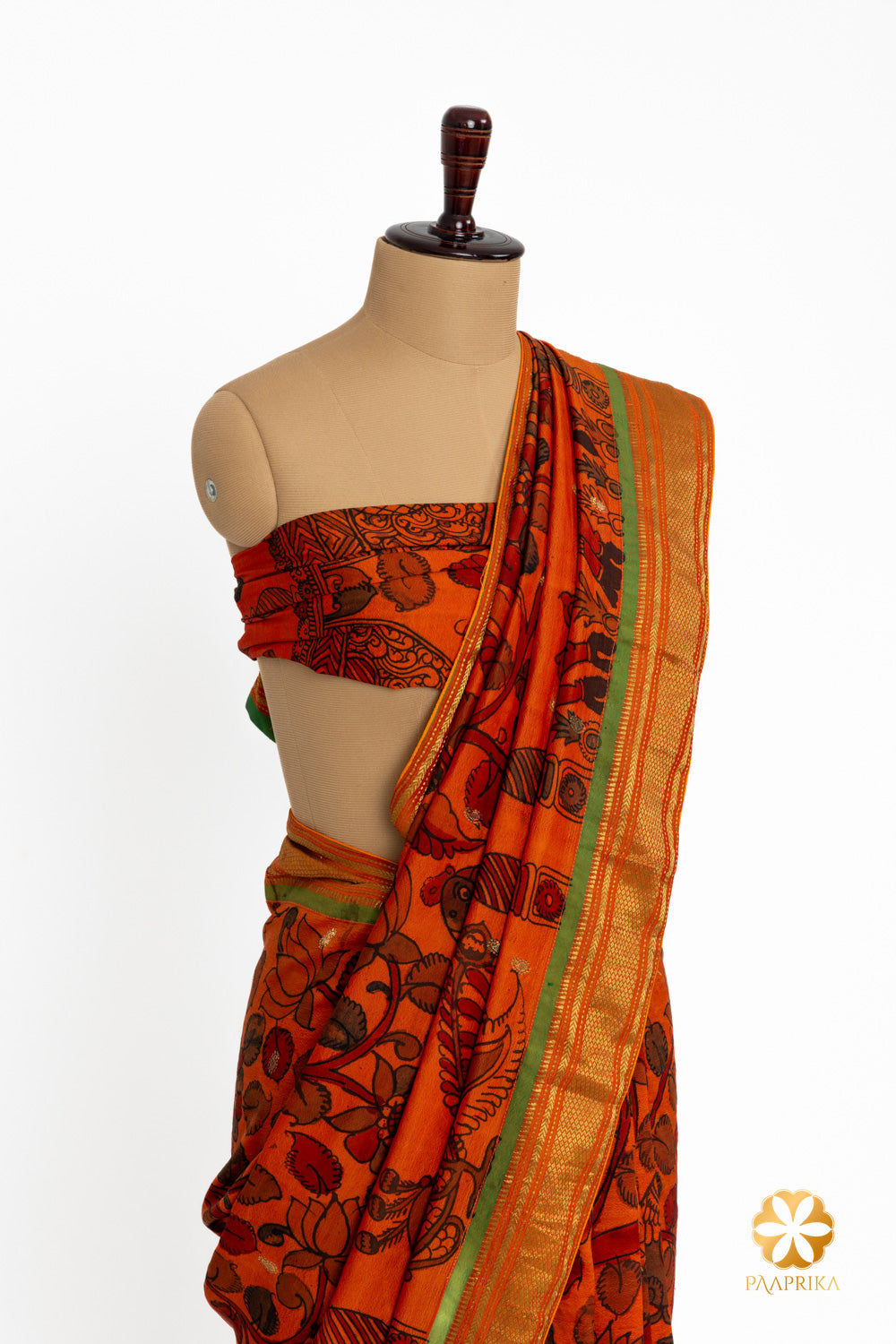 A close-up of the Tussar Silk Saree, showcasing its intricate Natural Kalamkari floral theme.