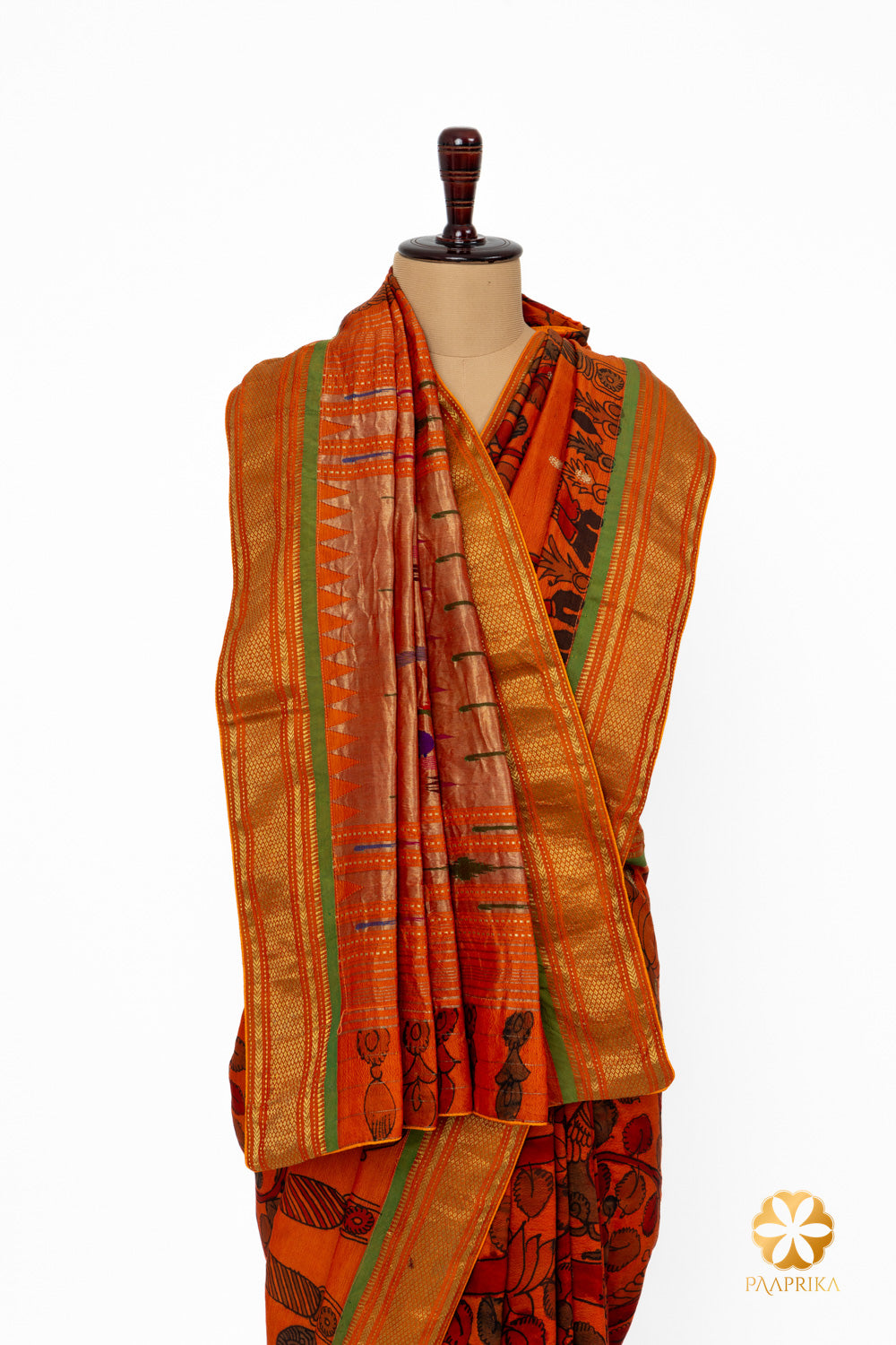 A full view of the Tussar Silk Saree, draped elegantly, to capture its overall design and craftsmanship.