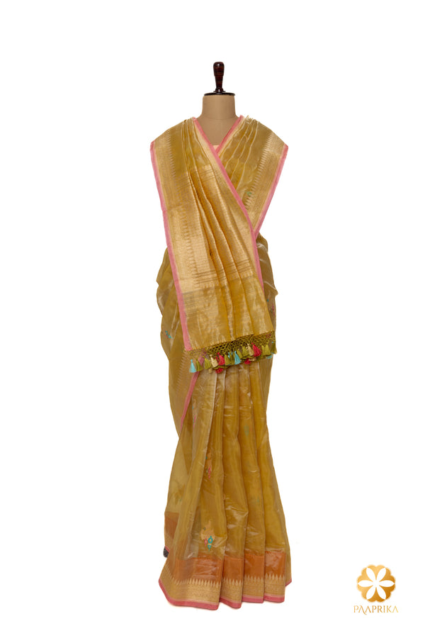 Pastel Yellow Banarasi Tissue Saree with Khaddi Border and Coral Rose Selvedge