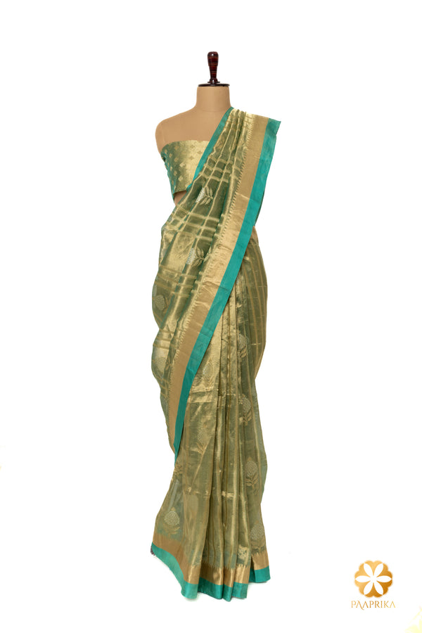 Contemporary Turquoise Blue Handwoven Tissue Saree with Golden Temple Border
