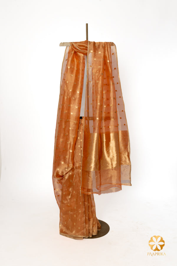 Peach Gold Handcrafted Tissue Saree with Zari Butis