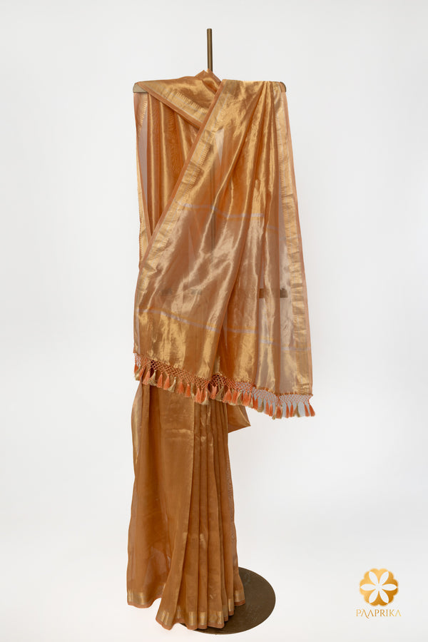 Peach Gold Handcrafted Tissue Saree with Zari  Border