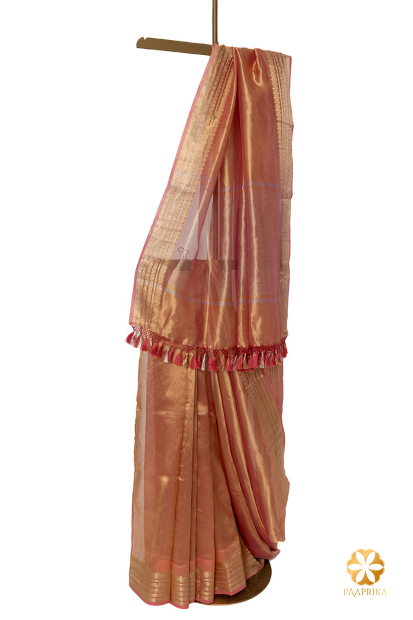 Charming Rose Gold  Handcrafted Tissue Saree with Floral Thin Border