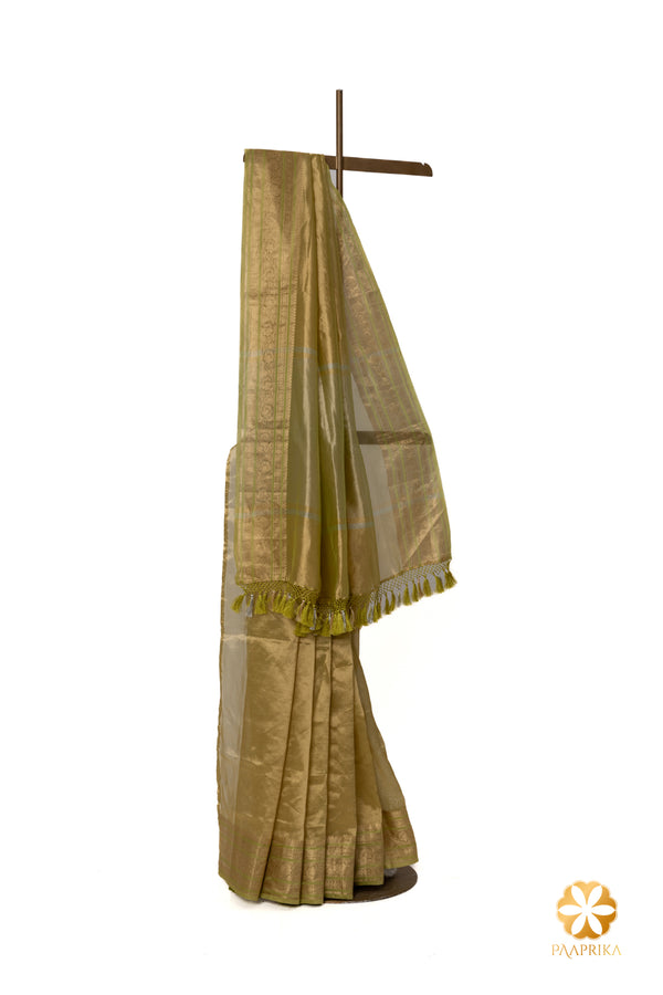 Charming Green  Handcrafted Tissue Saree with Floral Border