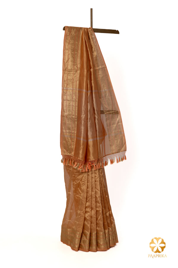 Charming Peach Handcrafted Tissue Saree with Floral Zari Border
