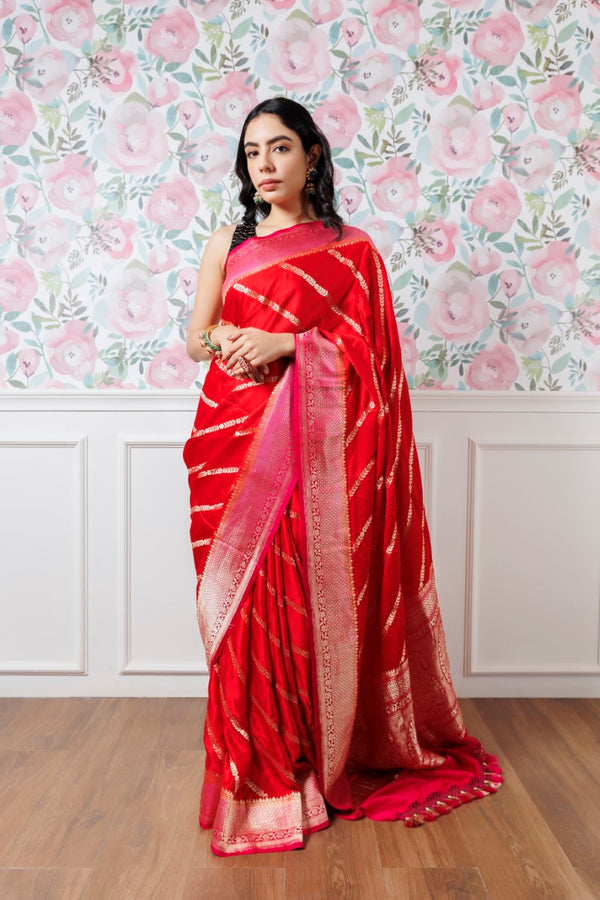 Close-up of the Red Saree with Pink Border - A Vibrant Red Base with Pink Border