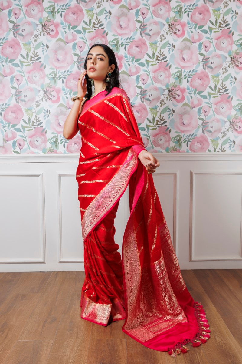 Close-up of the Red Saree with Pink Border - A Vibrant Red Base with Pink Border