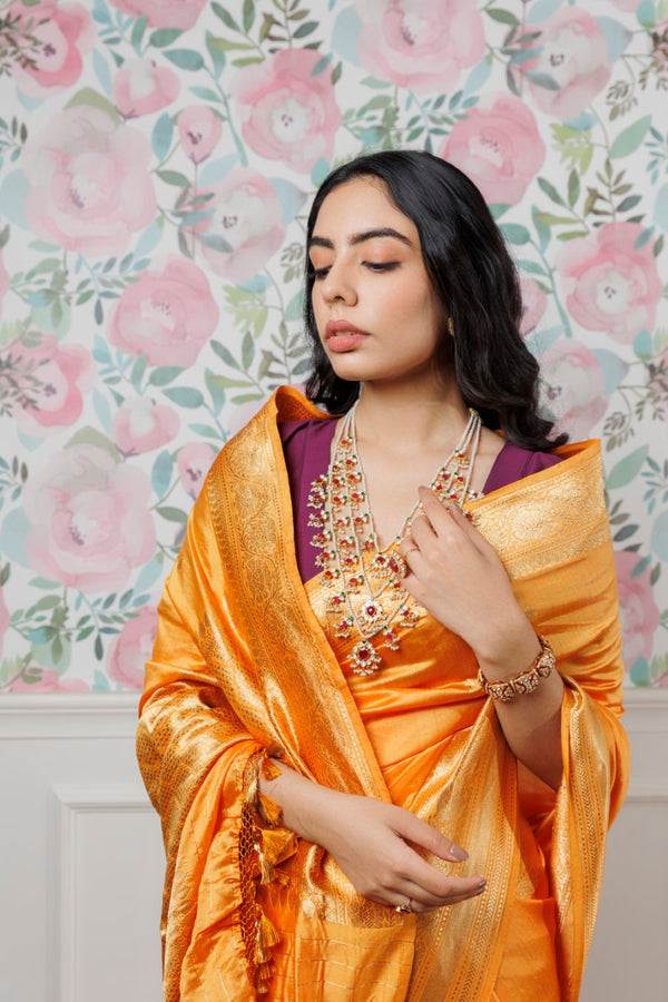 Handwoven Light Orange Soft Silk Saree with Golden Borders and Red Blouse