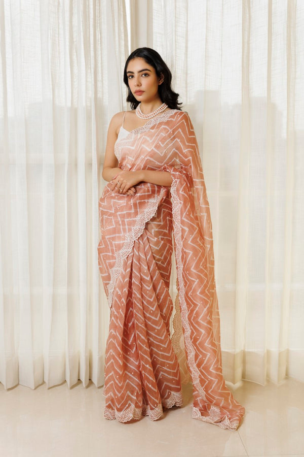 Pastel Peach  Lehriya Organza Saree With Scalloped Edge Border