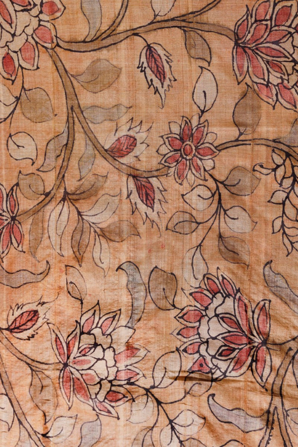 Pen Kalamkari Floral Creepers Sandal Tussar Silk Blouse Fabric
