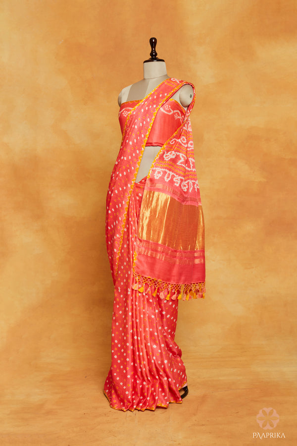 Orange Handcrafted Silk Saree Set With Lagdi Patta Palla