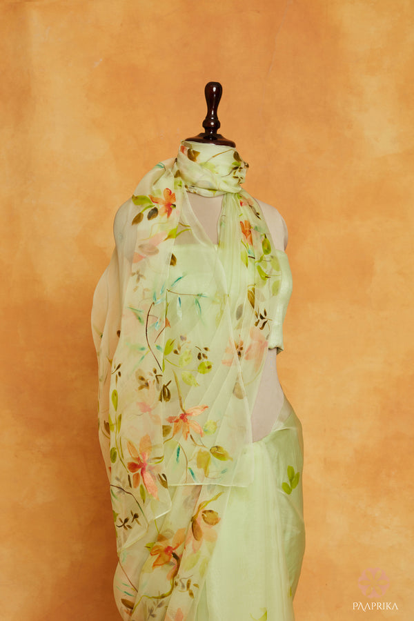 Lightgreen Handpainted Organza Saree