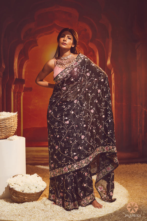 Captivating Black Kota Silk Floral Embroidered Saree, an exquisite fashion choice blending elegance and grace.