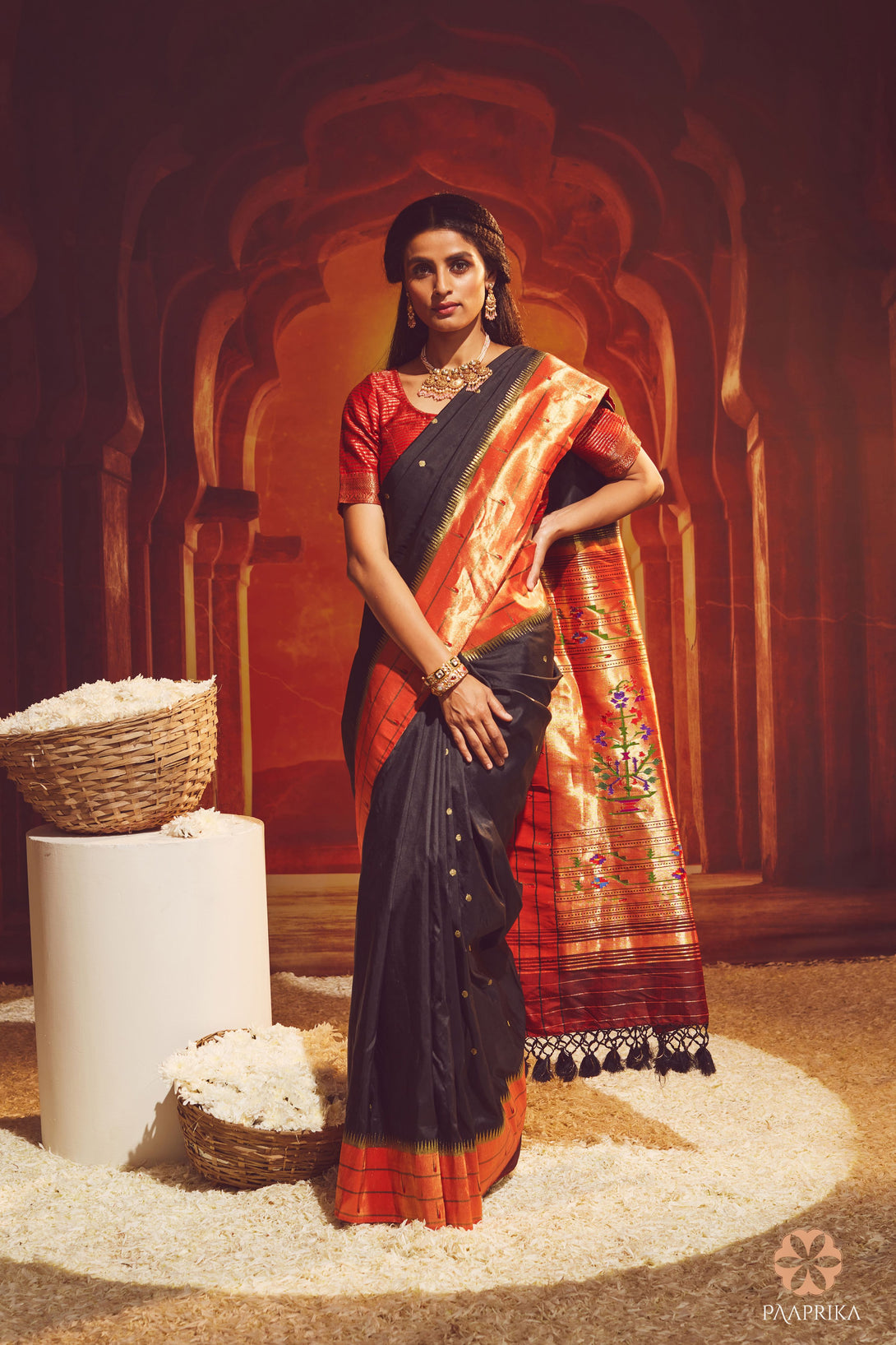 Stunning Black Triple Muniya Handwoven Paithani Silk Saree showcasing intricate Indian heritage. The saree features a rich black base with exquisite handwoven Muniya motifs in vibrant colors, representing the epitome of Indian cultural artistry and craftsmanship.