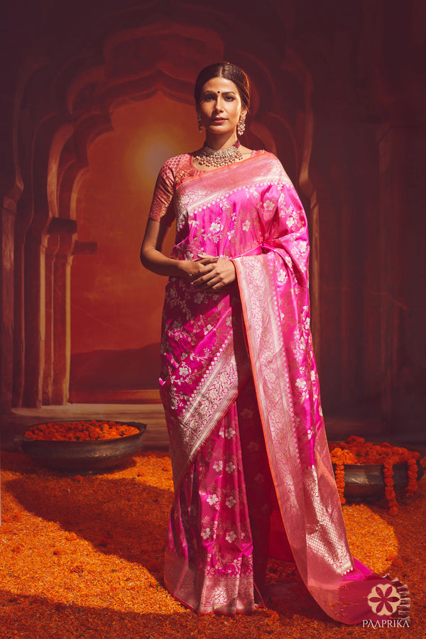 Fuschia Pink Pure Banarasi Handwoven Silk Saree