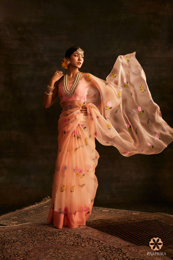 Pastel Peach Handpainted Organza Saree